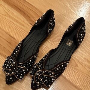 Chic Black Beaded Flats with Pearls NWOT